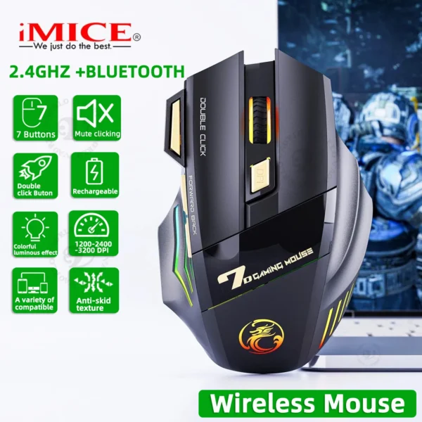 Kabellose Gaming-Maus, USB, IMICE GW-X7, 3200 DPI, Dual-Modus, wiederaufladbar, 7 Tasten, 2,4 GHz, leise Maus, Bluetooth, 7-Farben-Atmung, LED