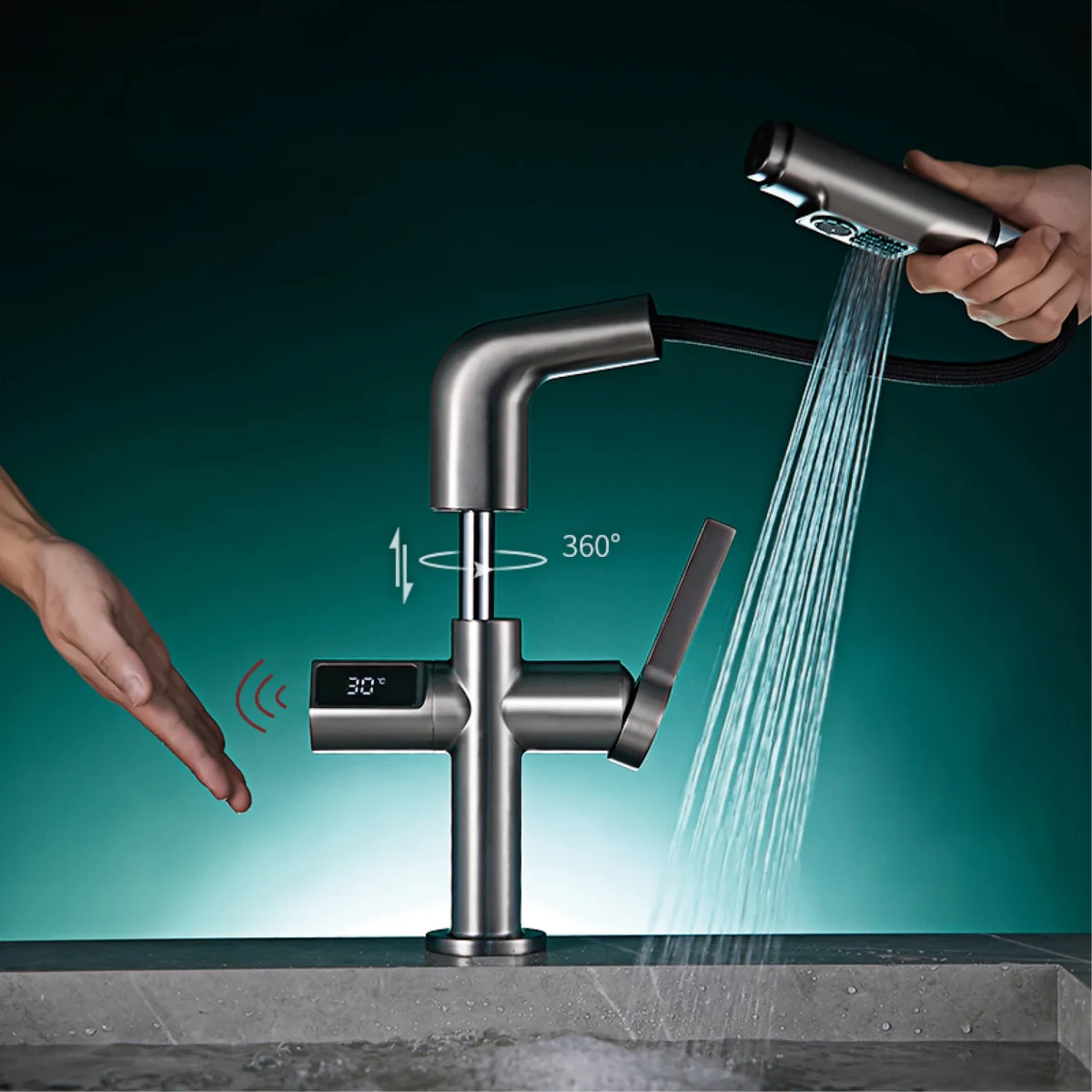 Leichter, luxuriöser Küchenarmatur aus grauem Messing mit Digitalanzeige, Induktionsdesign, Einhebelmischer, kalter und heißer Dual-L-2-Funktions-Waschtischarmatur - Image 5