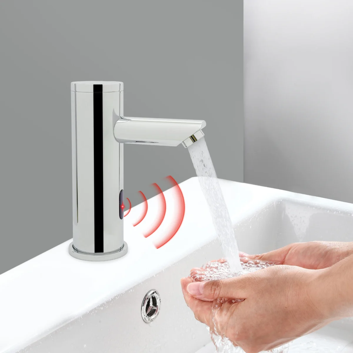Berührungsloser Badezimmer-Wasserhahn, Infrarot-Sensor, automatischer Sensor-Wasserhahn, batteriebetrieben, G3/8-Zoll-Schnittstelle für Waschtischbecken, Silber