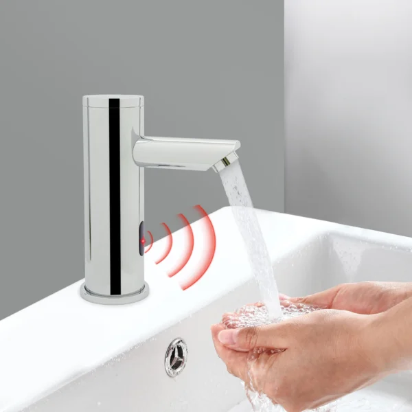 Berührungsloser Badezimmer-Wasserhahn, Infrarot-Sensor, automatischer Sensor-Wasserhahn, batteriebetrieben, G3/8-Zoll-Schnittstelle für Waschtischbecken, Silber