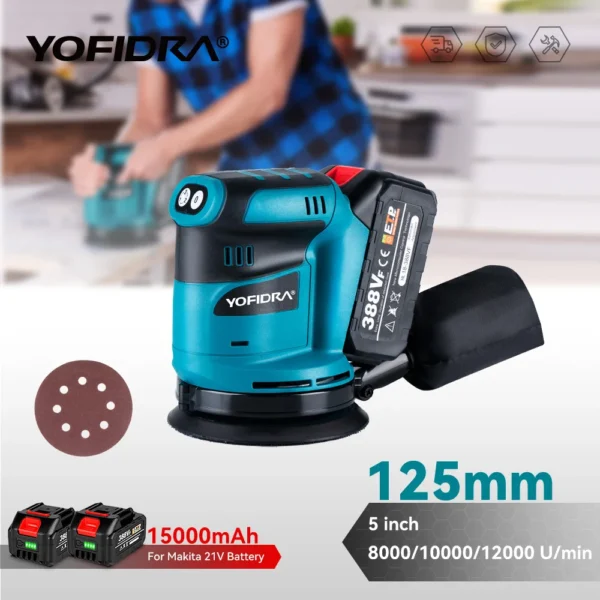 YOFIDRA Electric Orbital Sander 125MM Cordless Grinding Sanding Polishing Machine Woodworking Power Tool For 21V 18V Battery