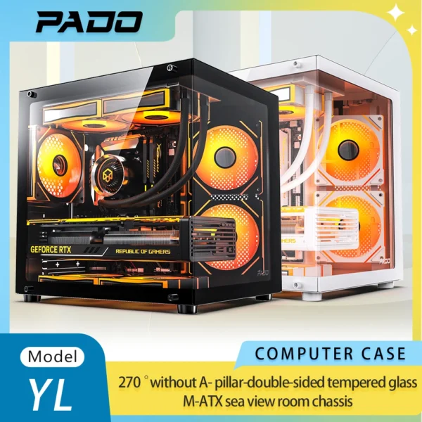 PADO YL M-ATX Gaming PC Gehäuse Desktop 270 ° Computergehäuse im Meerblick-Raum ohne A-Säule, doppelseitiger transparenter PC-Gamer-Schrank