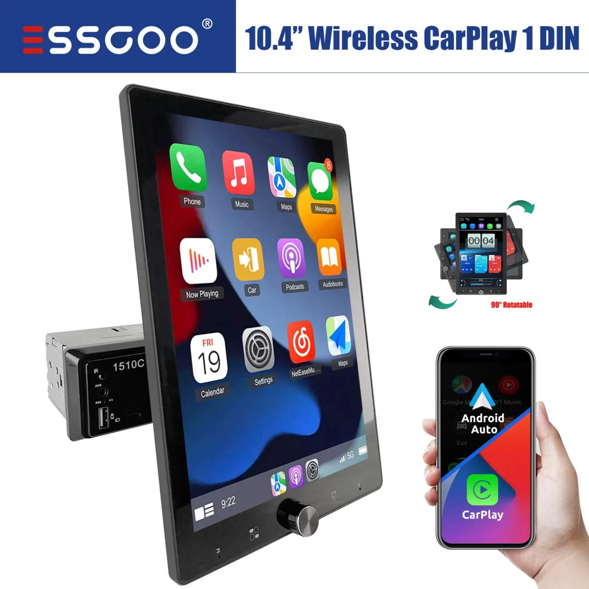 ESSGOO 10.1 Inch Rotatable IPS Touch Screen Single DIN Car Stereo Head Unit Wireless Carplay Android Auto Radio USB AUX TF - Image 7
