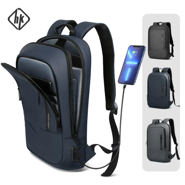HK Schlanker Rucksack für Herren, 15,6-Zoll-Laptoptaschen, wasserdichter, minimalistischer Business-Rucksack mit USB-Aufladung, lässige Reise-Arbeitstasche