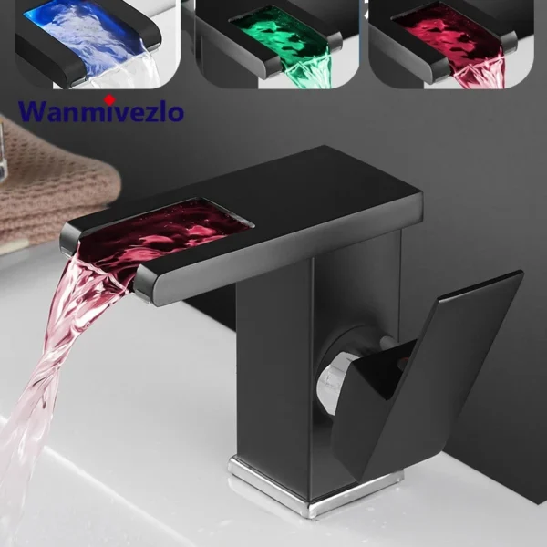 Bad Wasserkraft LED Wasserfall Wasserhahn Waschbecken Waschbecken Mixer Deck montiert massivem Messing Wasser Power Waschbecken Wasserhahn leuchtende Waschbecken Wasserhahn
