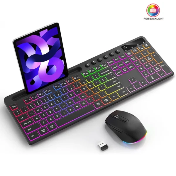 Kabellose Tastatur- und Maus-Kombination mit Hintergrundbeleuchtung, ergonomische Tastatur in voller Größe mit Telefon-Tablet-Halterung, 2,4-G-Maus für PC und Laptop