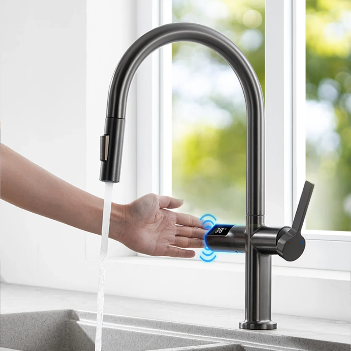 Leichter, luxuriöser Küchenarmatur aus grauem Messing mit Digitalanzeige, Induktionsdesign, Einhebelmischer, kalter und heißer Dual-L-2-Funktions-Waschtischarmatur - Image 2