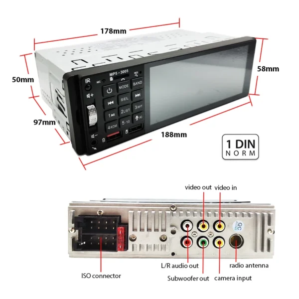 Bluetooth Car Radio 1 Din Carplay, Android-Auto, USB TF Aux, FM Stereo Reciver, 5 inch Touch Screen, Audio System Head Unit 3005