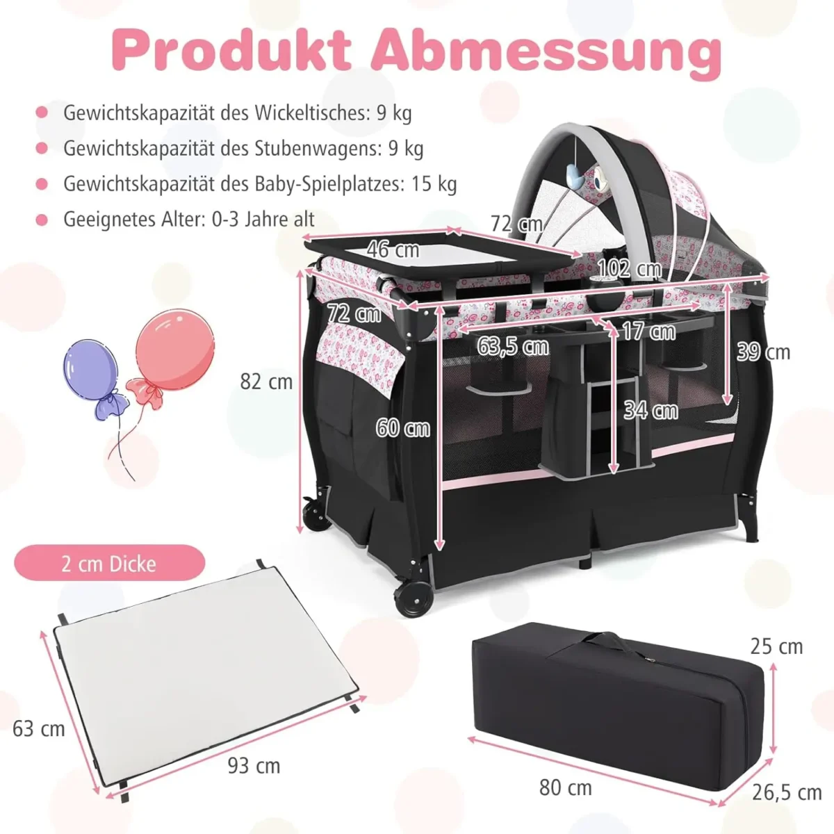 5-in-1 Travel Cot with Mattress,with Adjustable Canopy,with Changing Mat,Music Box & Carry Bag,up to 15 kg Load Capacity - Image 2