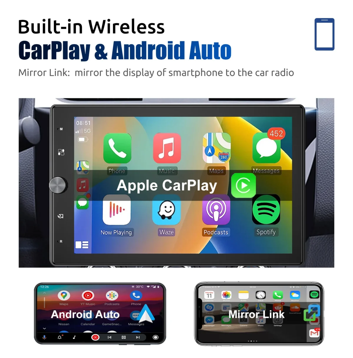 ESSGOO 10.1 Inch Rotatable IPS Touch Screen Single DIN Car Stereo Head Unit Wireless Carplay Android Auto Radio USB AUX TF