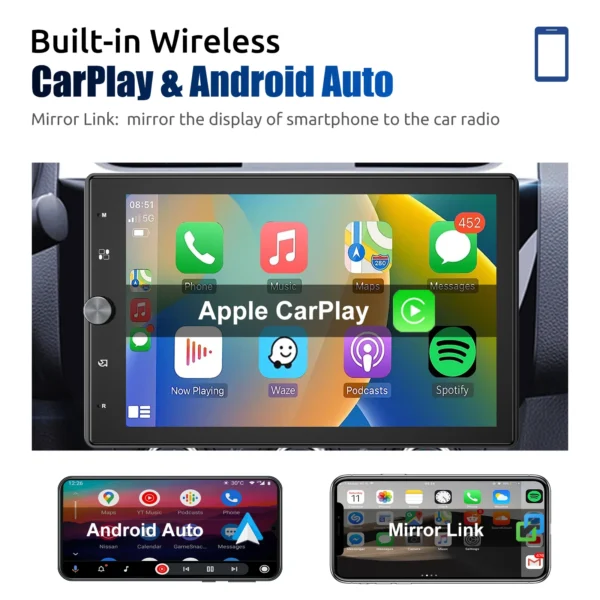 ESSGOO 10.1 Inch Rotatable IPS Touch Screen Single DIN Car Stereo Head Unit Wireless Carplay Android Auto Radio USB AUX TF