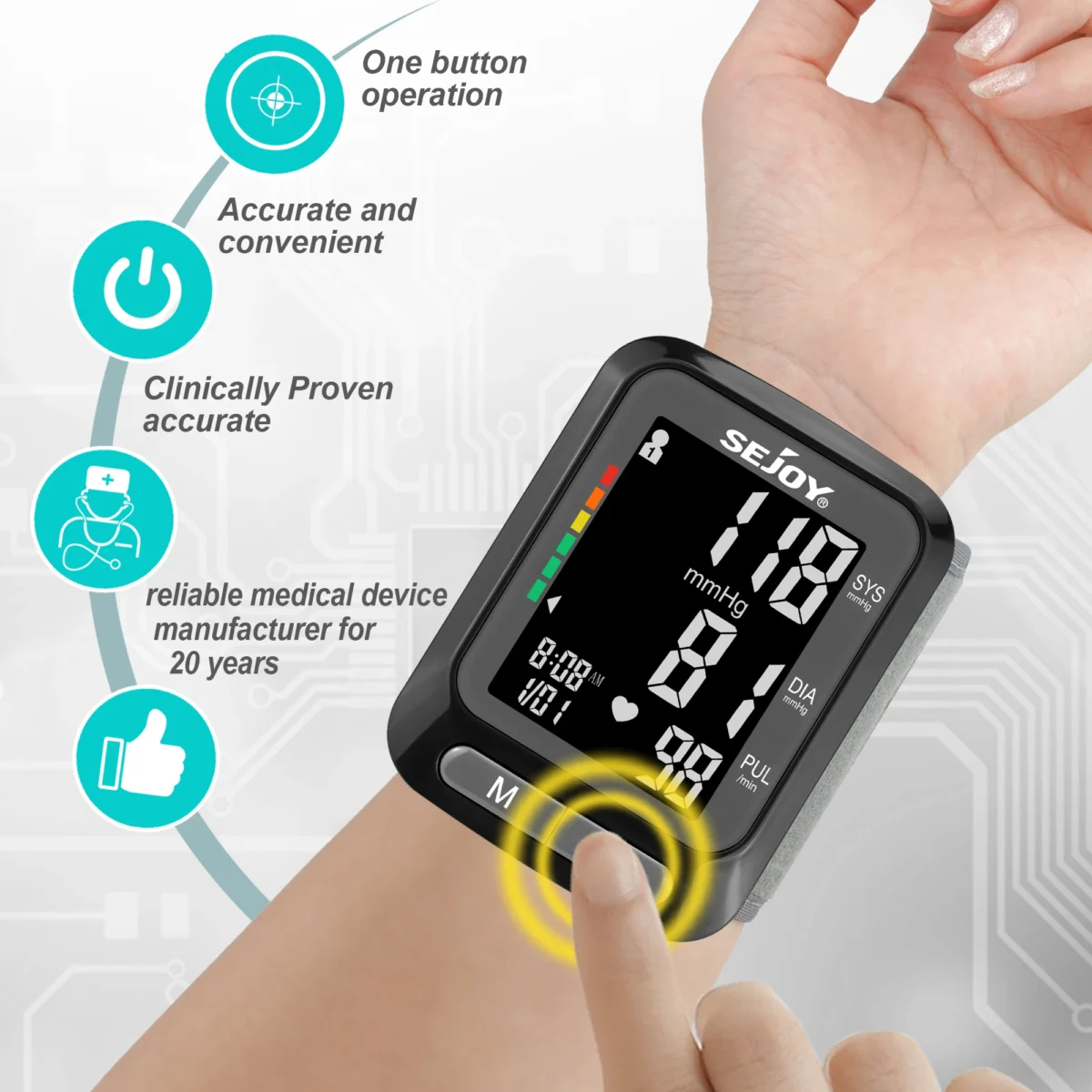 Sejoy Fully Automatic Wrist Blood Pressure Monitor BP Monitor LED Sphygmomanometer 2 x 60 Memory for Home - Image 2