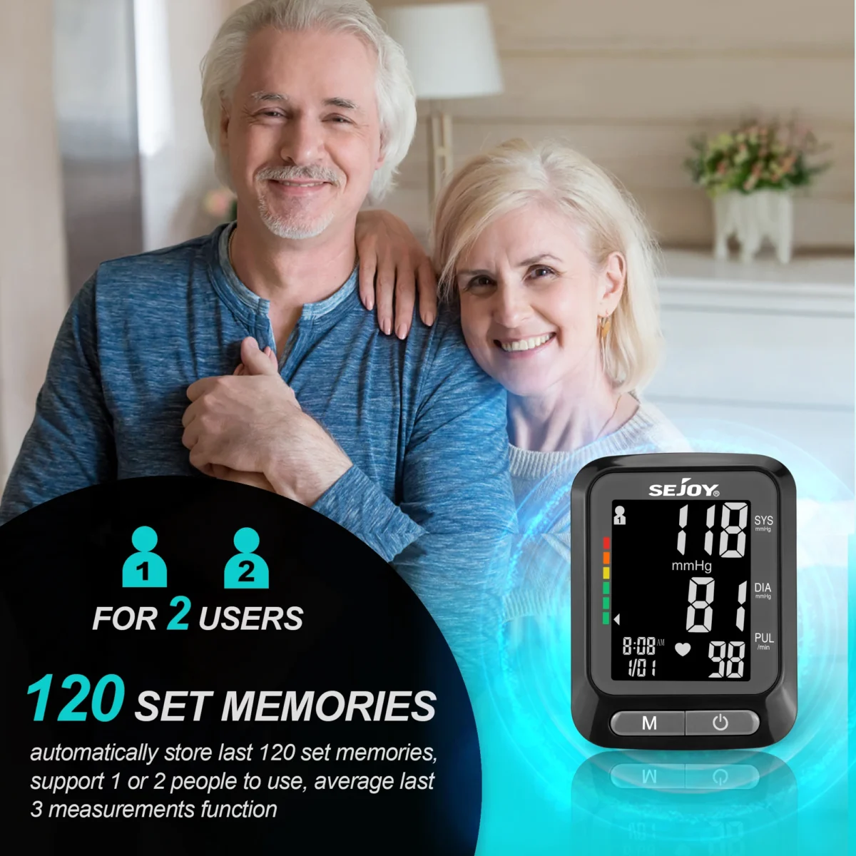 Sejoy Fully Automatic Wrist Blood Pressure Monitor BP Monitor LED Sphygmomanometer 2 x 60 Memory for Home - Image 4