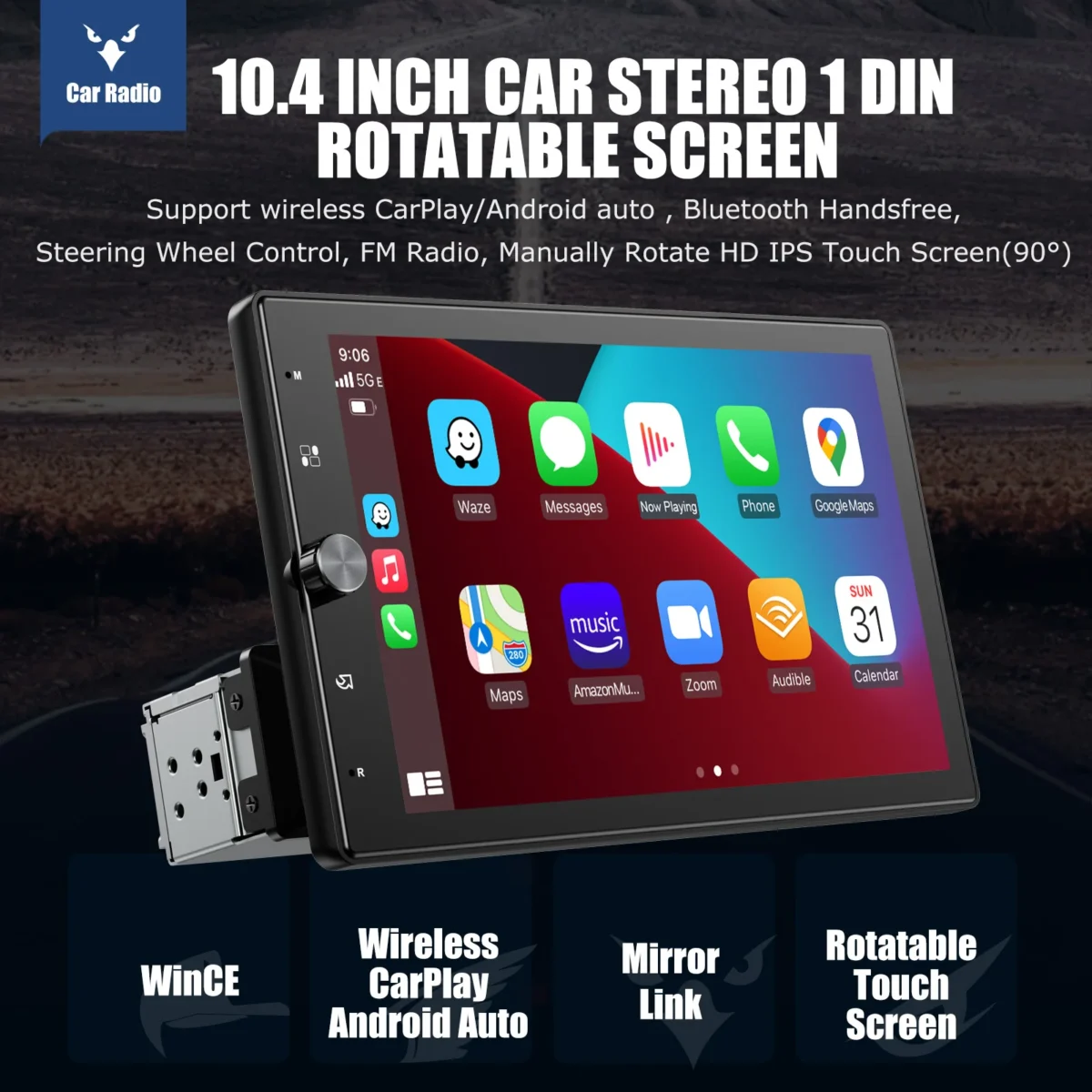 ESSGOO 10.1 Inch Rotatable IPS Touch Screen Single DIN Car Stereo Head Unit Wireless Carplay Android Auto Radio USB AUX TF - Image 8