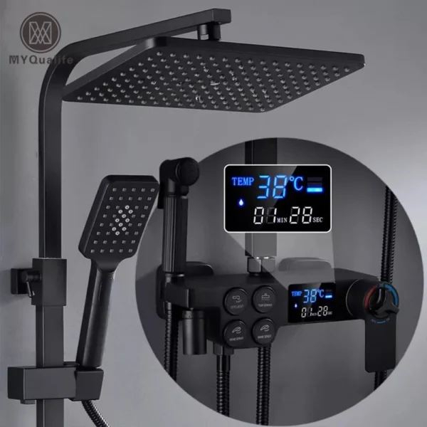 Black Thermostatic LCD Shower Faucet Set Temperature Display Rainfall Bathtub Tap With Bathroom Shelf Electricity By Water