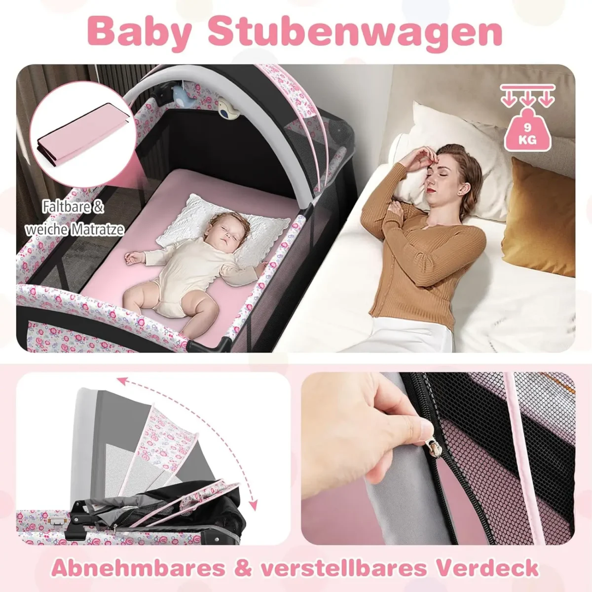 5-in-1 Travel Cot with Mattress,with Adjustable Canopy,with Changing Mat,Music Box & Carry Bag,up to 15 kg Load Capacity - Image 6