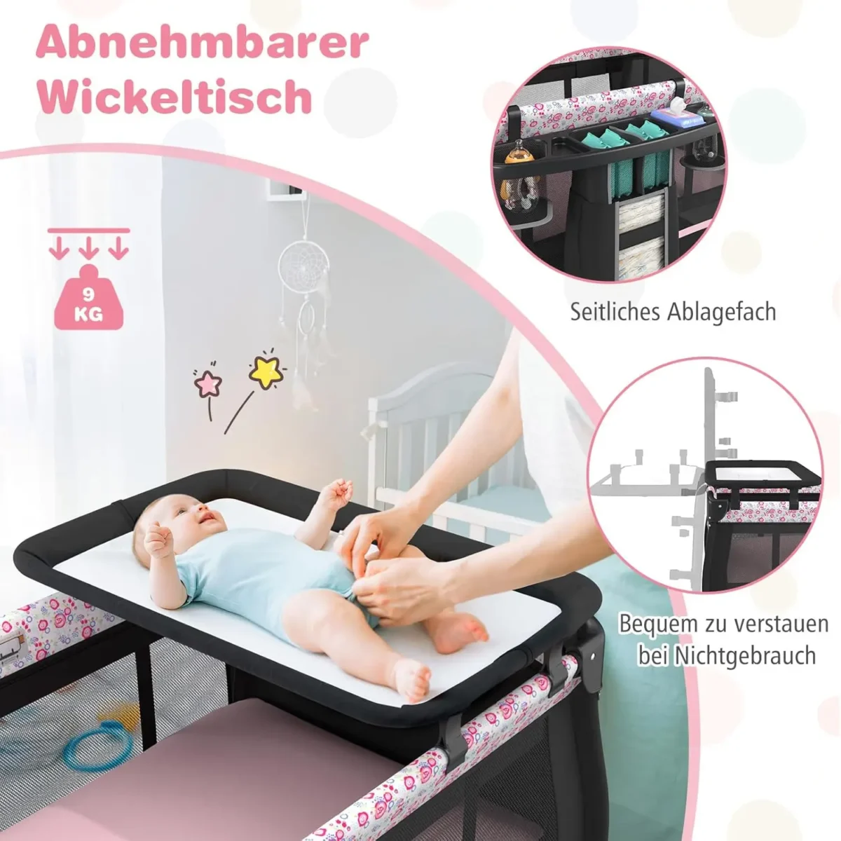 5-in-1 Travel Cot with Mattress,with Adjustable Canopy,with Changing Mat,Music Box & Carry Bag,up to 15 kg Load Capacity - Image 5