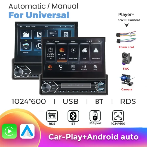 MEKEDE&Navifly Universal 1 Din MP5 Player 7 Inch Manual Automatic Retractable Touch Screen Car Player FM Radio Mirror Link