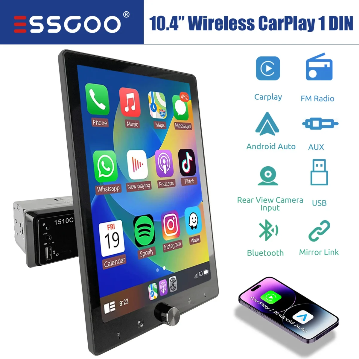 ESSGOO 10.1 Inch Rotatable IPS Touch Screen Single DIN Car Stereo Head Unit Wireless Carplay Android Auto Radio USB AUX TF