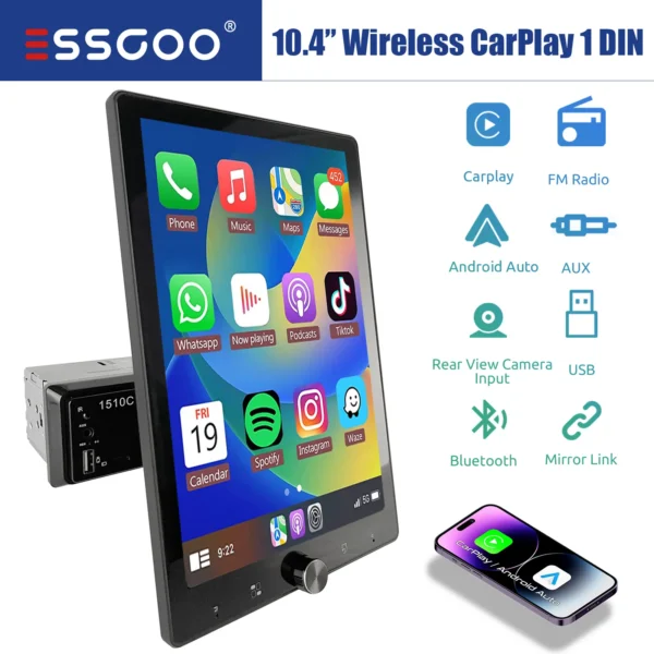 ESSGOO 10.1 Inch Rotatable IPS Touch Screen Single DIN Car Stereo Head Unit Wireless Carplay Android Auto Radio USB AUX TF