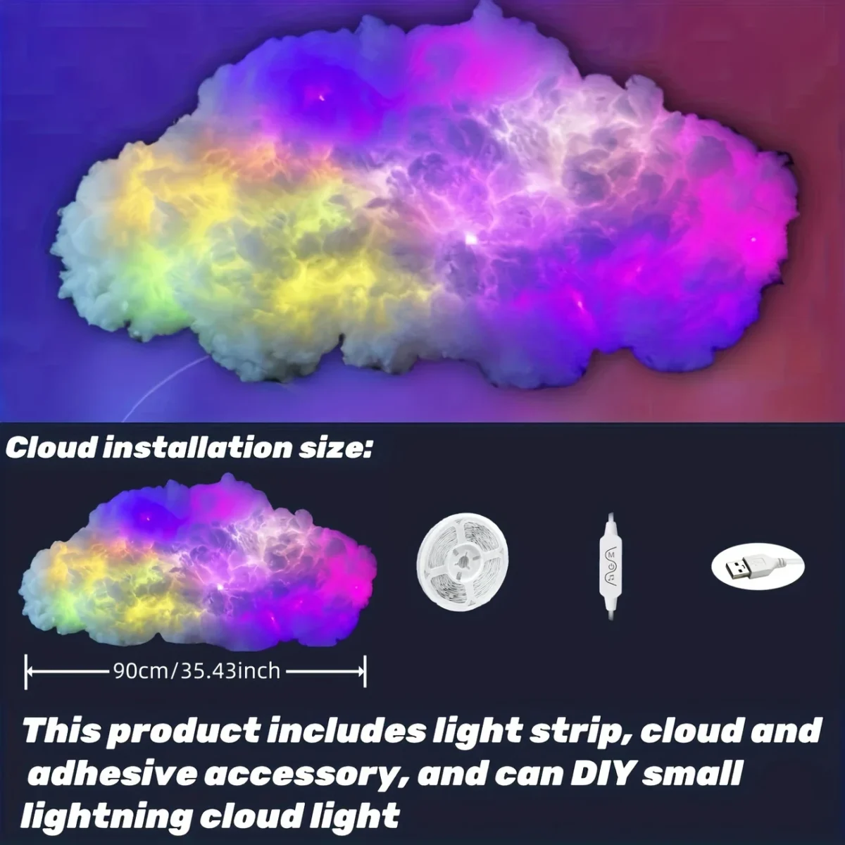 35.43 Inch Smart Cloud Lamp Compact Thundercloud Light Rhythm-Based Music Night Lamp Suitable for Indoor Use Bedroom Or Gaming - Image 4