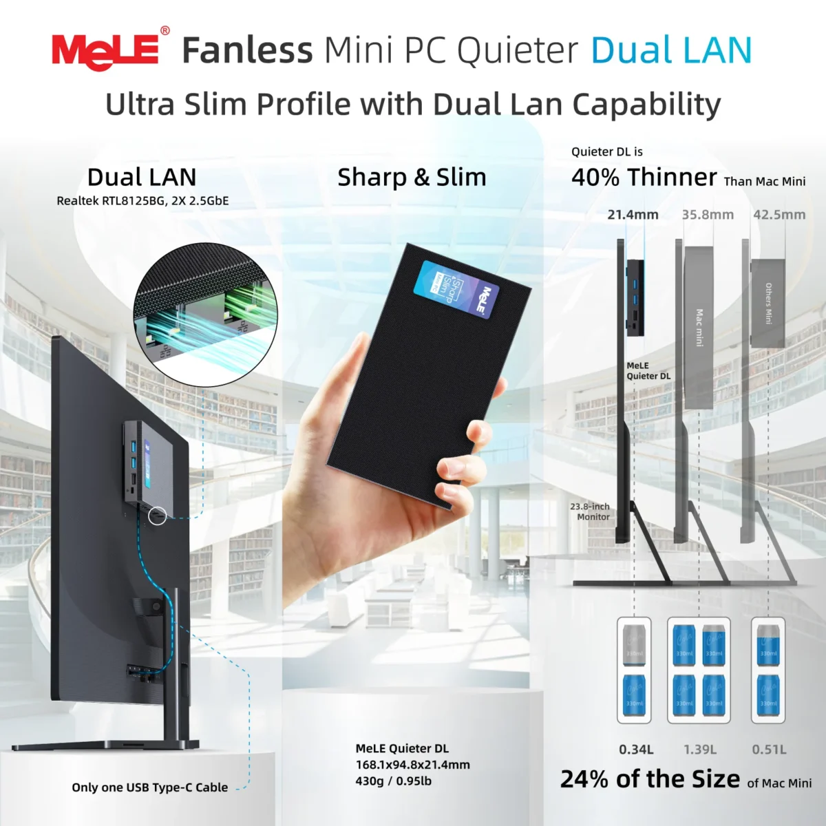 MeLE QuieterDL Fanless Mini PC 2.5Gb Dual LAN N100 Micro PC USB-C HDMI2.0+DP1.4 Triple Display Desktop Computers - Image 6