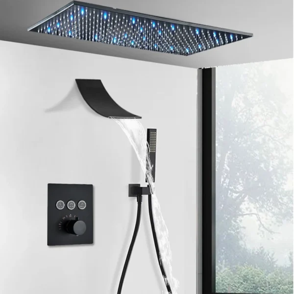 Luxus Schwarz LED Thermostat Dusche Wasserhahn Große Regen Wasserfall Dusche System Button Control Thermostat Mischbatterie Bad Dusche