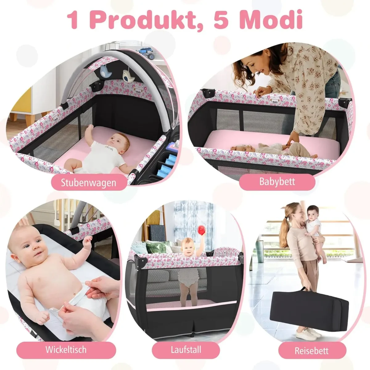 5-in-1 Travel Cot with Mattress,with Adjustable Canopy,with Changing Mat,Music Box & Carry Bag,up to 15 kg Load Capacity - Image 4