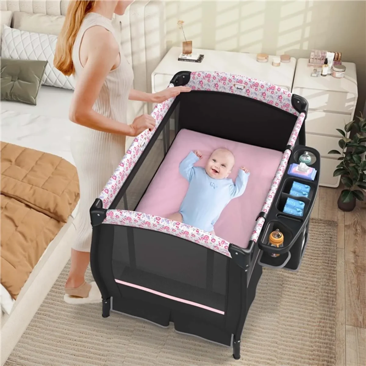 5-in-1 Travel Cot with Mattress,with Adjustable Canopy,with Changing Mat,Music Box & Carry Bag,up to 15 kg Load Capacity - Image 3