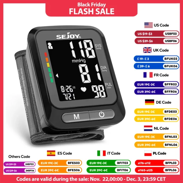 Sejoy Fully Automatic Wrist Blood Pressure Monitor BP Monitor LED Sphygmomanometer 2 x 60 Memory for Home