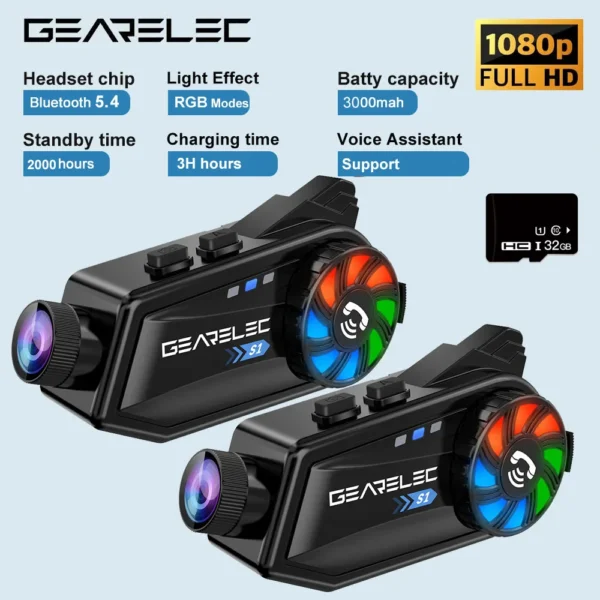 GEARELEC Motorcycle Bluetooth Headset Camera Motorcycle Communication System Helmet Camera IP65 Waterproof/3000mAh/32G TF Card