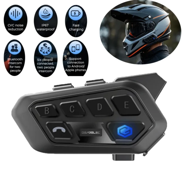 GEARELEC H6 Motorcycle Intercom System 5.3 Hi-Fi Sound Private Call 2-Piece Helmet Intercom Set CVC Noise Reduction Technology