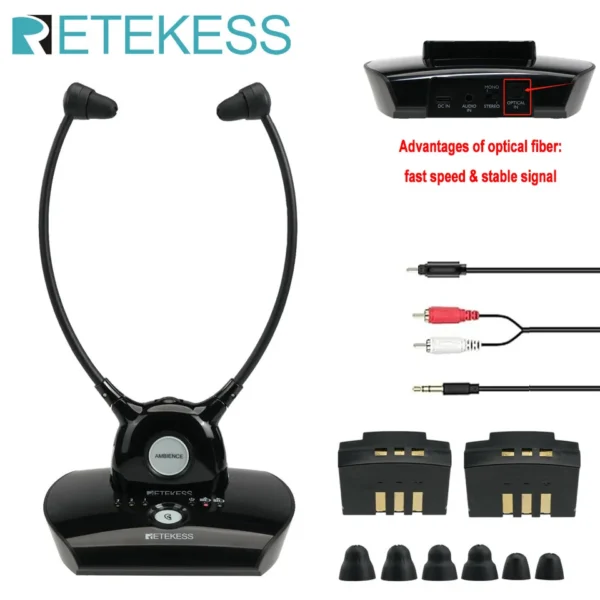 Retekess TA008 TV Hearing Aid Headphone Wireless TV Headsets System 2.4GHz Wireless Headphone for Seniors 3 Tones Dual Batteries