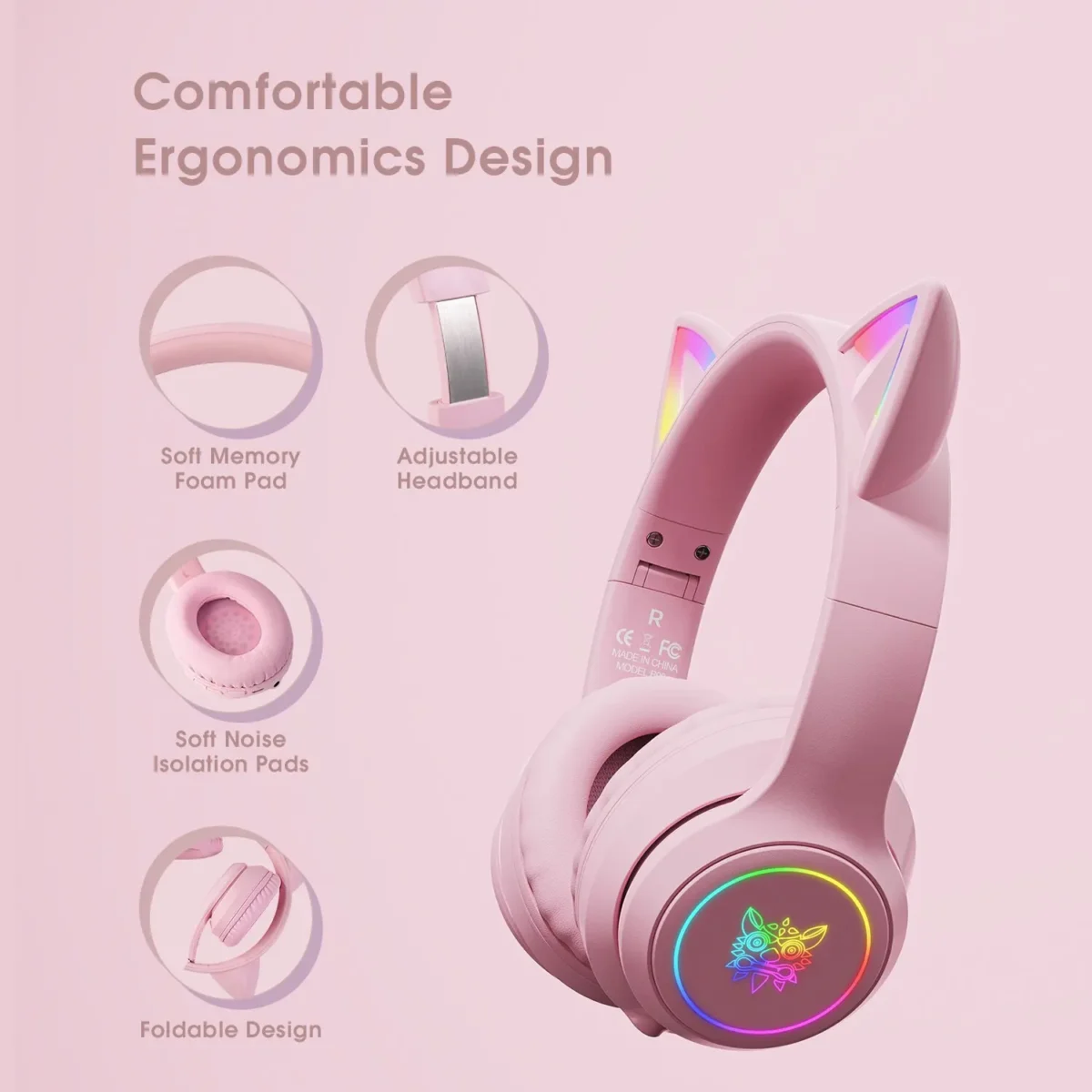 Onikuma B90 RGB Cat Ear Bluetoothcompatible 5.0 Wireless Gaming Headset - Image 6