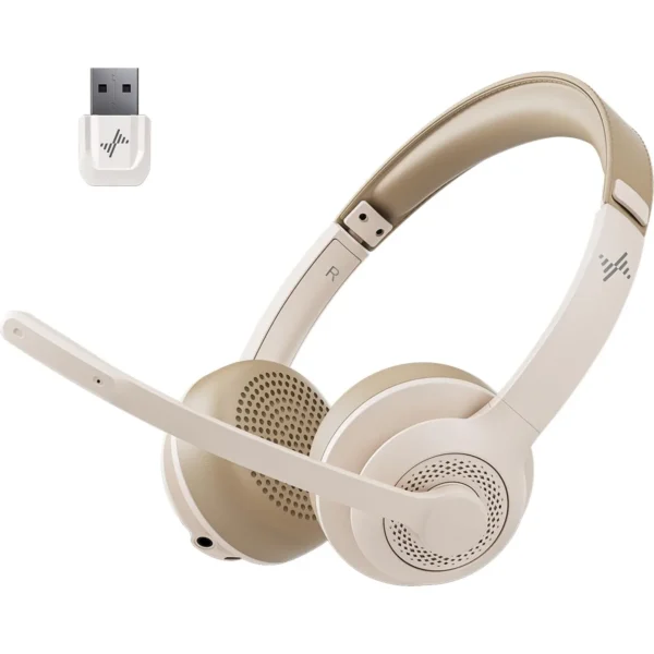 JIAMQISHI EH02 Wireless Headset with AI Noise Cancelling Mic Bluetooth V5.2 Headphones with USB Dongle for Call Center Office