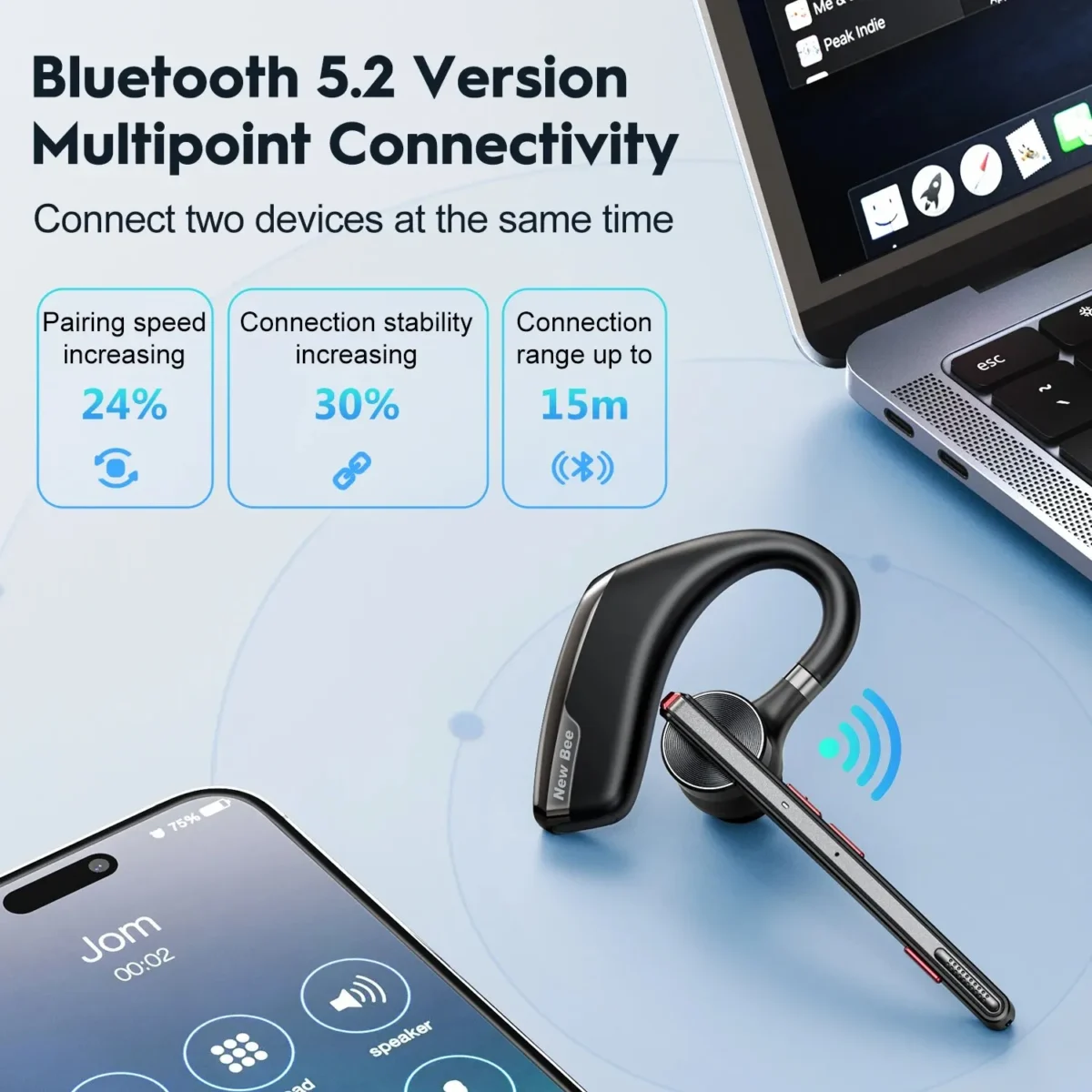 New Bee M51 Bluetooth 5.2 Wireless Headset Earphones Headphone with Dual-Mic CVC8.0 Noise Cancelling Handsfree Business Earbuds - Image 3
