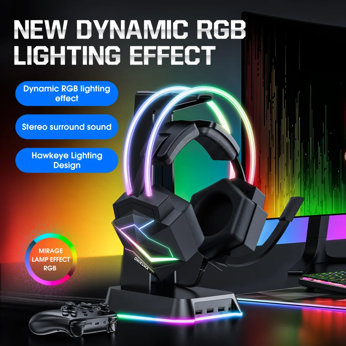 ONIKUMA Gaming Headset Wired Headset Player PC PS4 with RGB Lighting HD Flexible Microphone Headset for Xbox PS5 PC Games