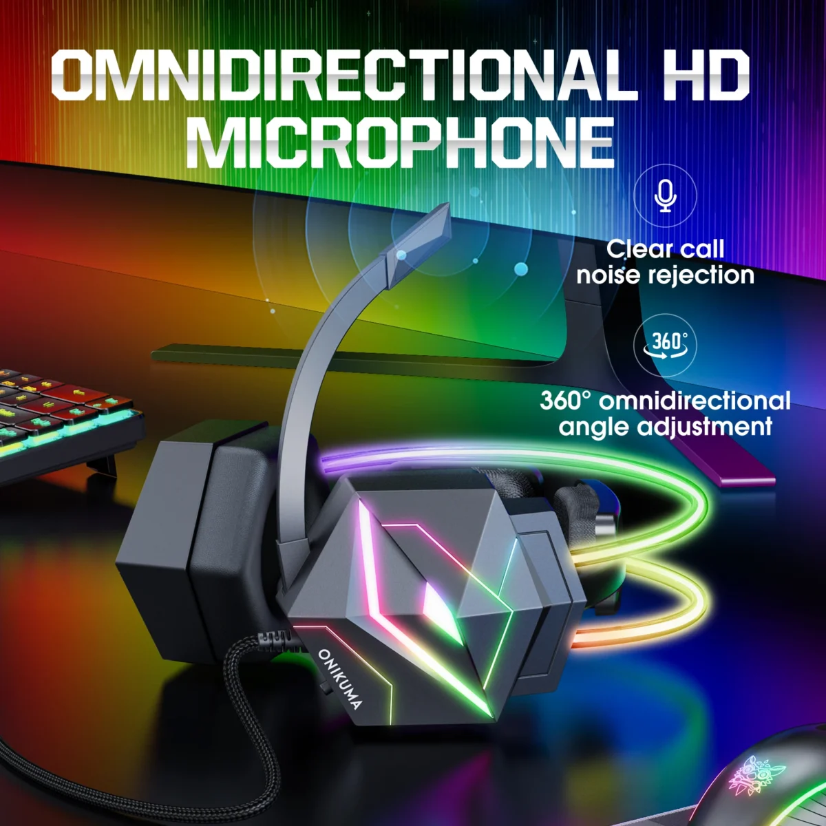 ONIKUMA Gaming Headset Wired Headset Player PC PS4 with RGB Lighting HD Flexible Microphone Headset for Xbox PS5 PC Games - Image 3