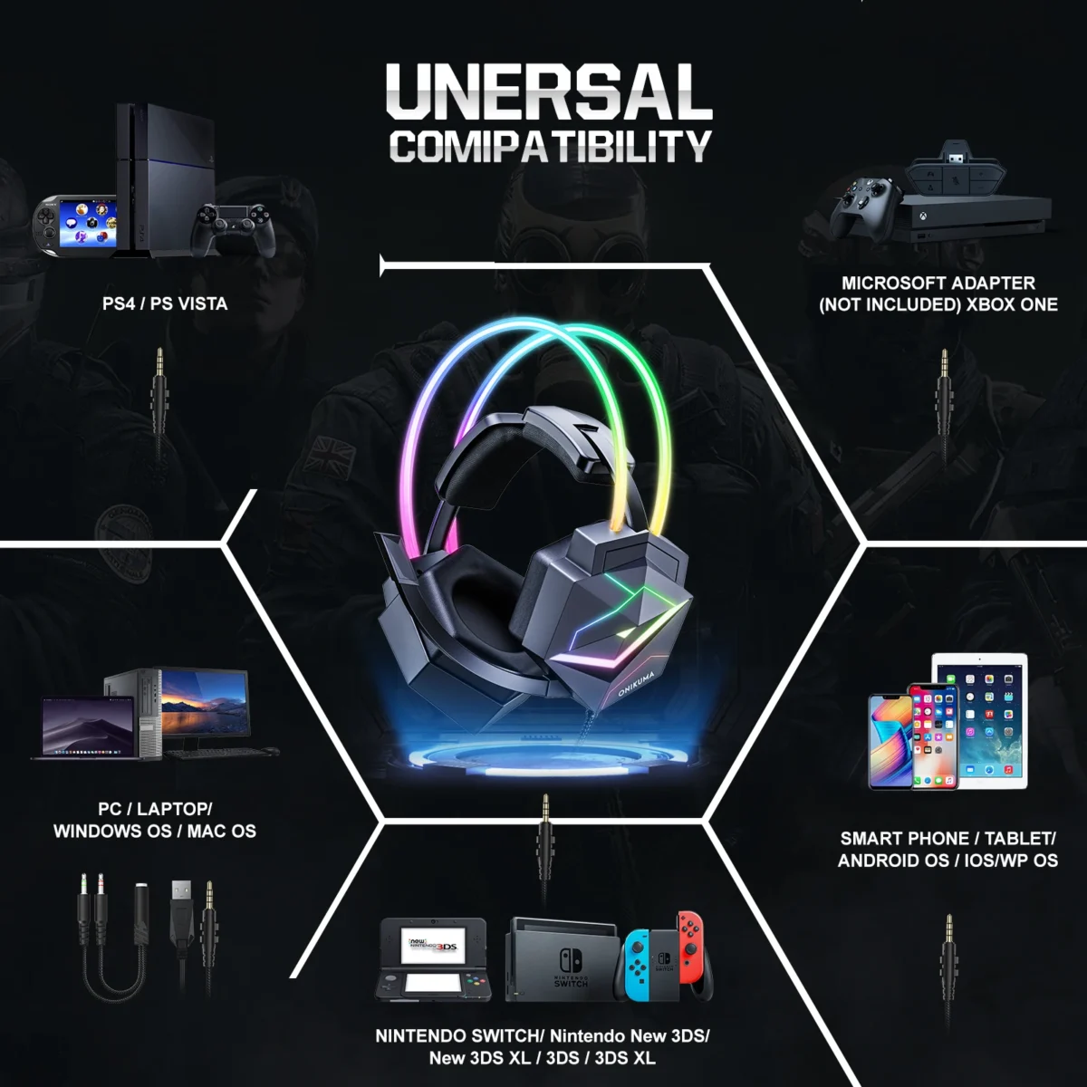 ONIKUMA Gaming Headset Wired Headset Player PC PS4 with RGB Lighting HD Flexible Microphone Headset for Xbox PS5 PC Games - Image 5