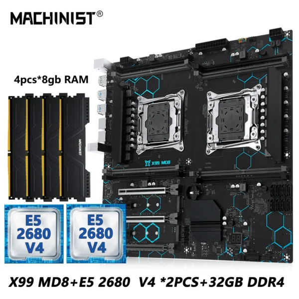 MACHINIST X99 MD8 Dual CPU Motherboard Kit Set Optional lntel Xeon E5 2680 V4 LGA2011-3 DDR4 32GB RAM C612 chip Server Computer