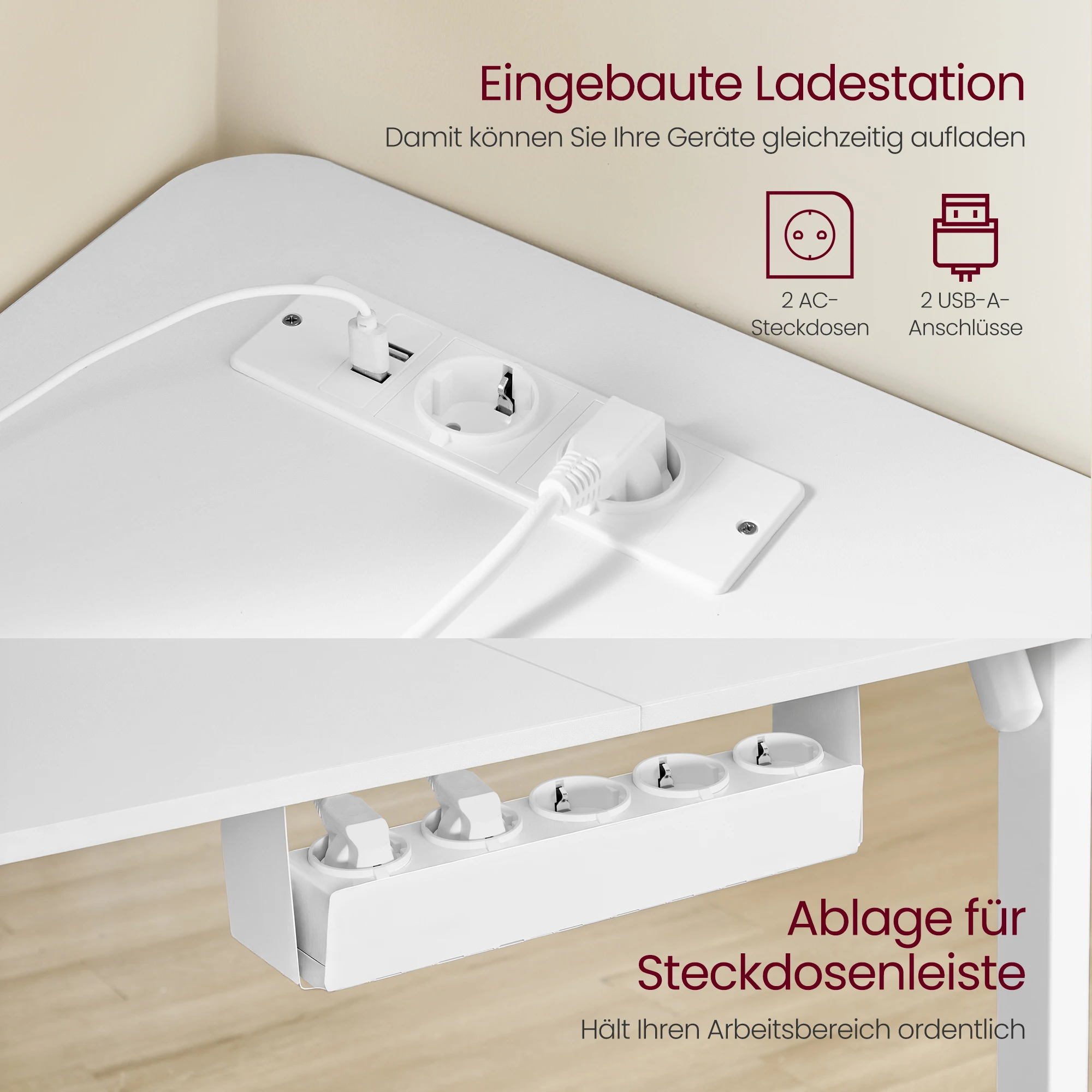 VASAGLE Height adjustable electric desk, L-shaped corner desk, 140x160 cm, with charging station - Image 6