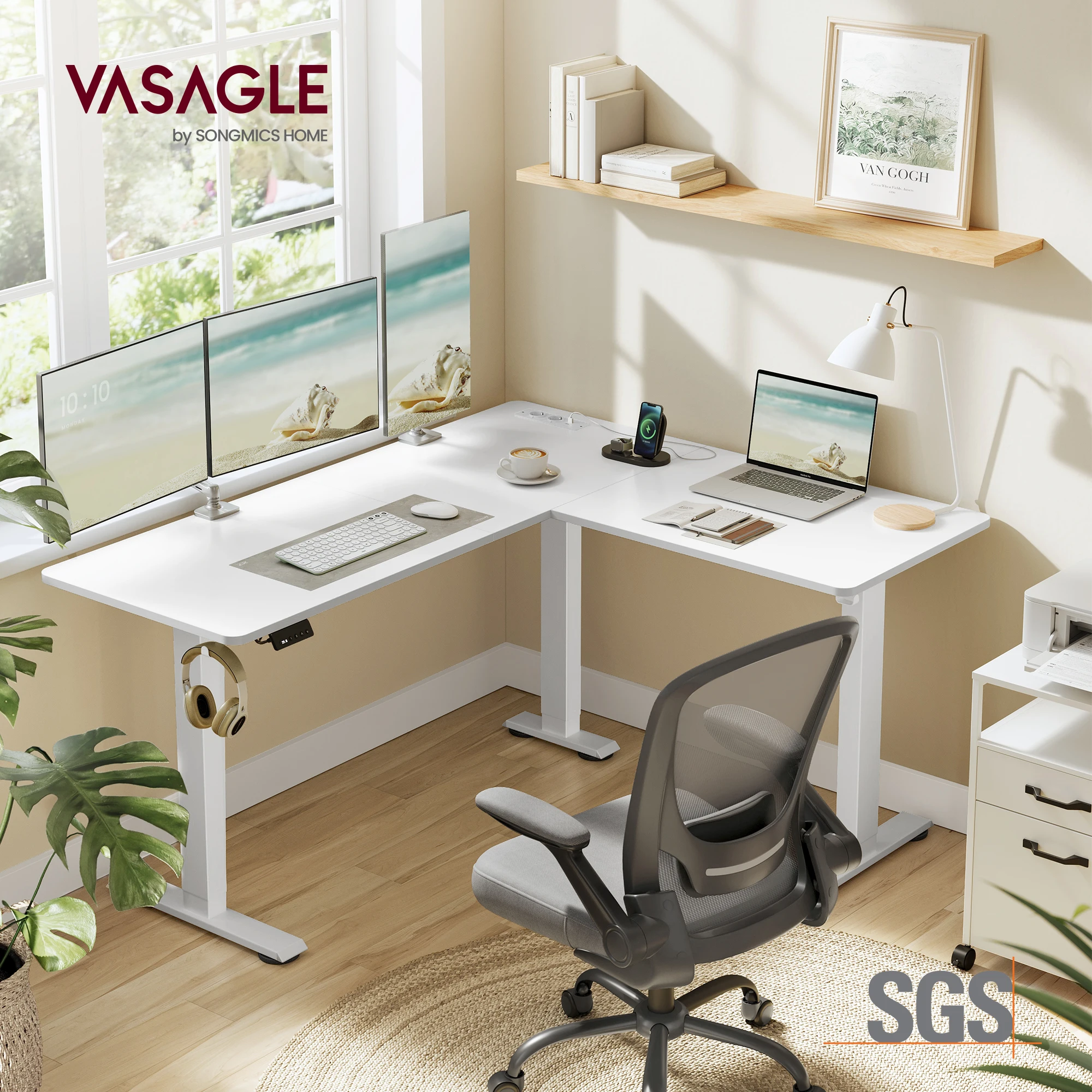 VASAGLE Height adjustable electric desk, L-shaped corner desk, 140x160 cm, with charging station - Image 2
