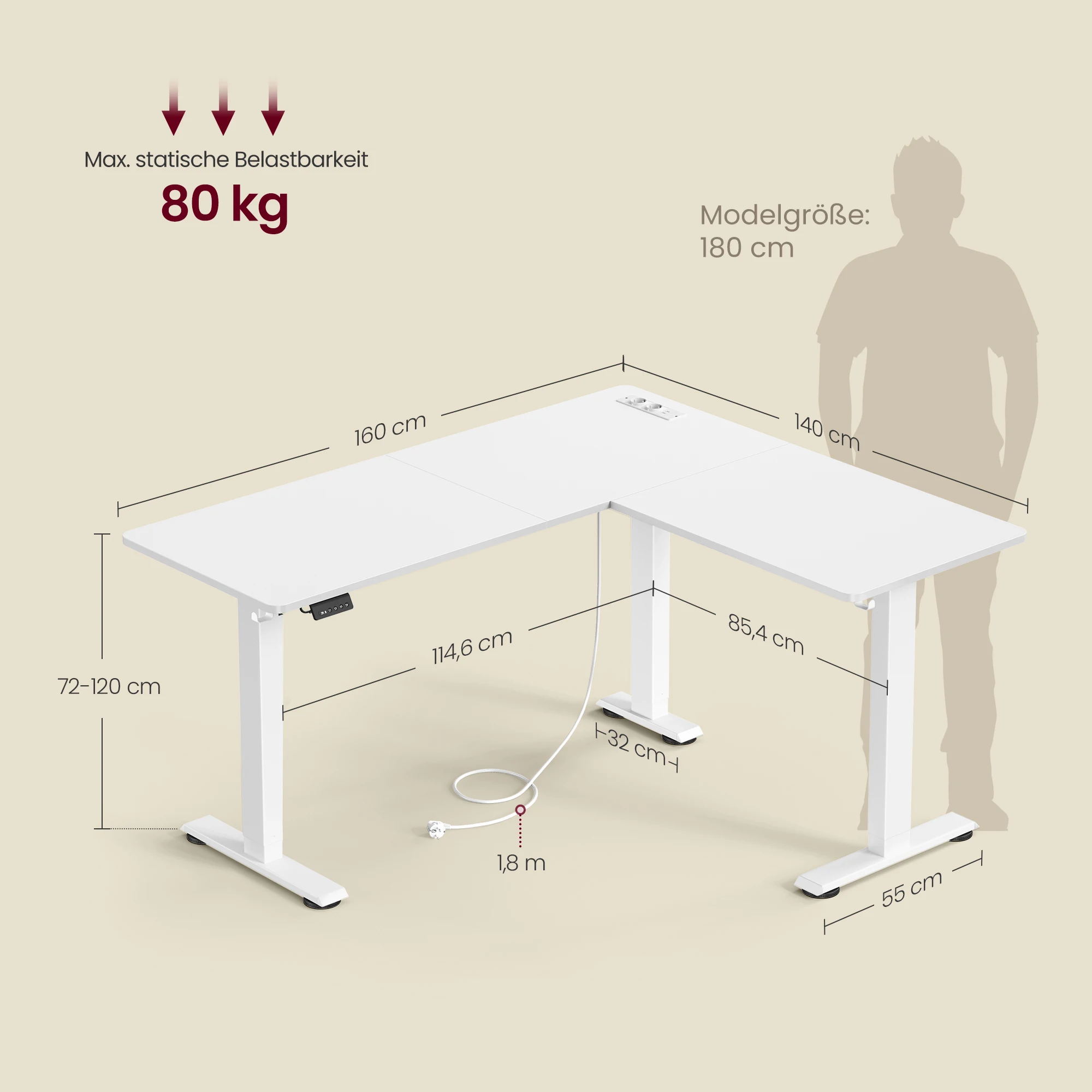 VASAGLE Height adjustable electric desk, L-shaped corner desk, 140x160 cm, with charging station - Image 3