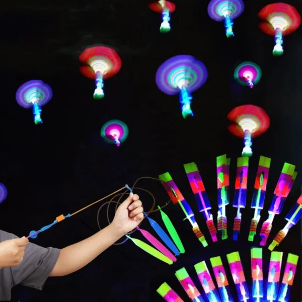 Outdoor Flash Rocket toy LED Lights Glowing Slingshot Rocket Helicopter Flying Toy kid's Party Fun Gift Rubber Band Ejector Toys