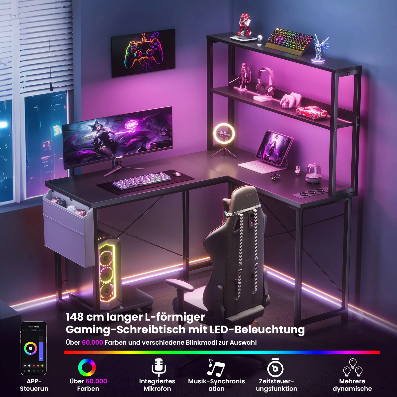 148cm L-shaped Gaming Desk with Shelf & RGB LED Lighting Corner Desk Computer table Integrated socket - Image 3