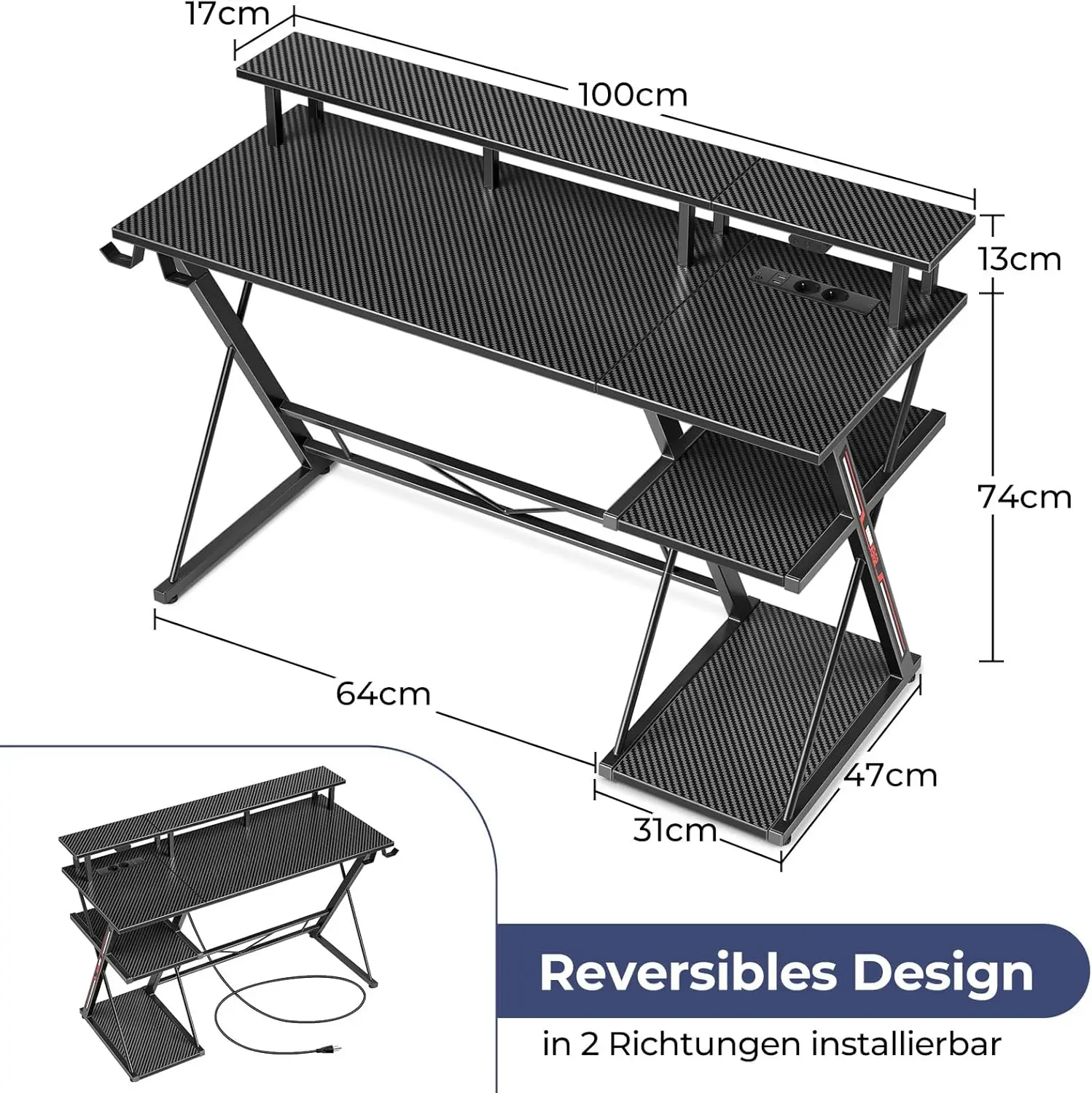 Gaming Tisch mit LED & Steckdosen, 100 cm Computertisch mit Monitorständer & CPU Ständer, Schreibtisch mit 2 Haken & Fußstütze, - Image 3