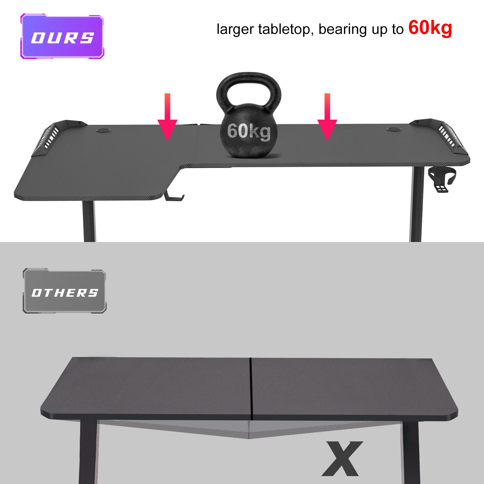 L Shape Computer Gaming Desk RGB Led Lighted Table with Headphone Hook and Cup Holder - Image 3