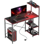 Carbon Fiber Gaming Desk with Led Lights 110X50 cm Power Outlets Shelves and Remote Control Black