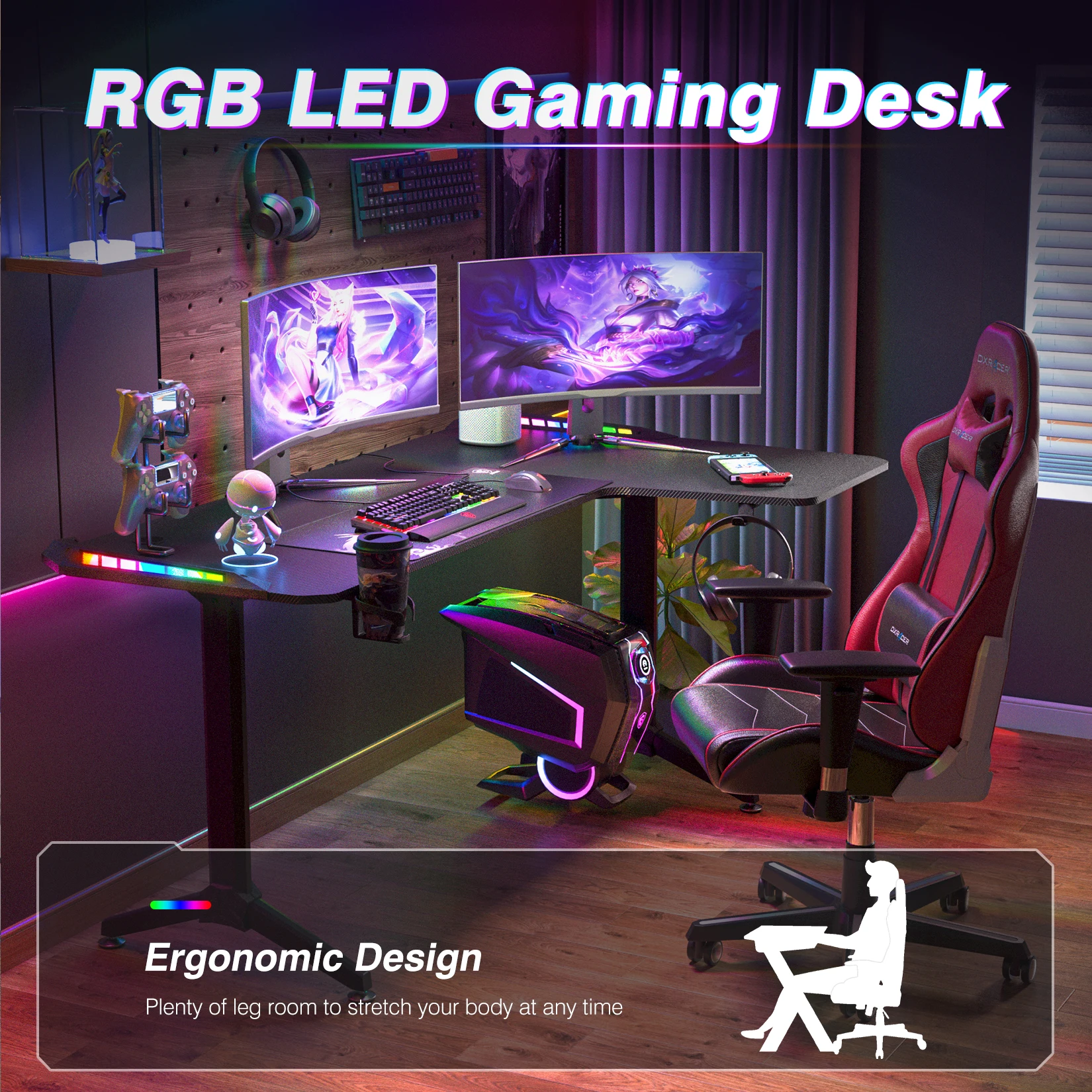 L Shape Computer Gaming Desk RGB Led Lighted Table with Headphone Hook and Cup Holder - Image 6