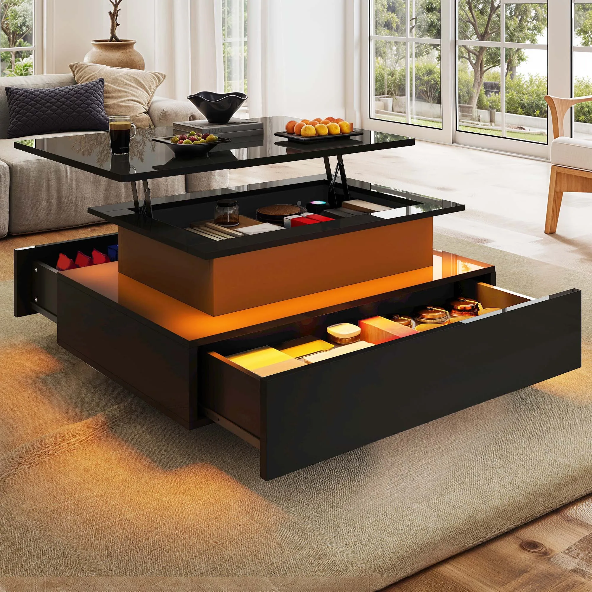 YITAHOME Lift-Top Coffee Table - Rectangular Modern Design with 16-Color LED Lighting & 2 Drawers, Elevated Lighted Surface - Image 4